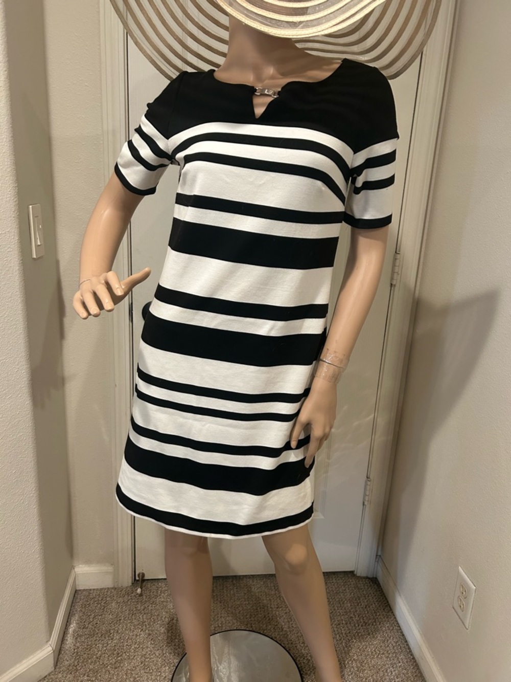 White House Black Market Black and White Striped Midi Dress (Size 4)